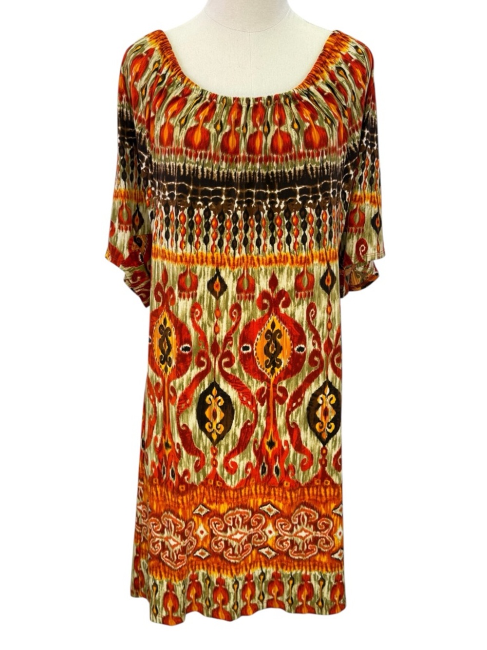 AGB Women's Stretchy Pullover Ikat Print Scoop Neck Short Sleeve Dress Size 16
